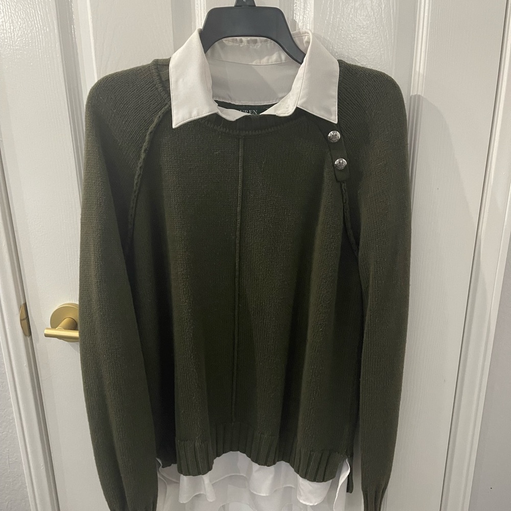 Ralph Lauren Olive Sweater w White Collar, sz L
